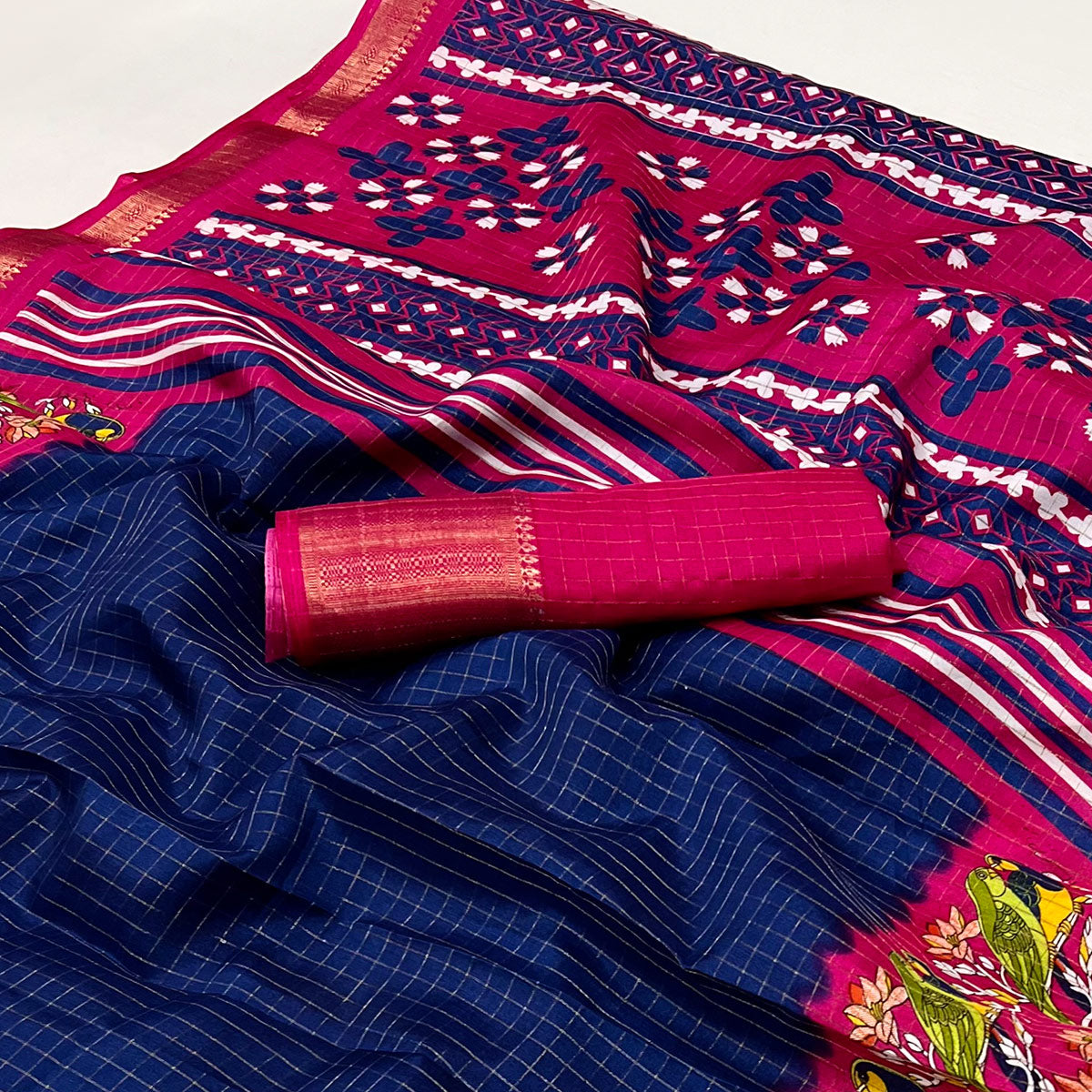 Navy Blue Zari Woven With Printed Dola Silk Saree