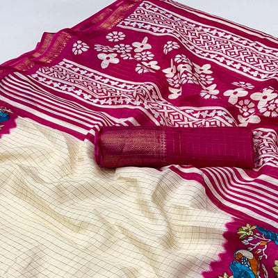 Offwhite Zari Woven With Printed Dola Silk Saree