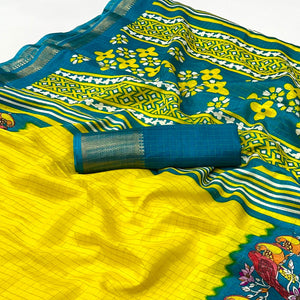 Lemon Yellow Zari Woven With Printed Dola Silk Saree