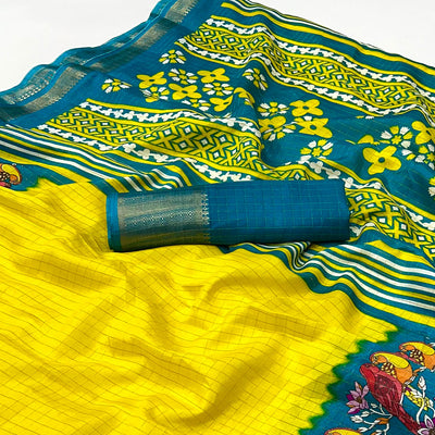 Lemon Yellow Zari Woven With Printed Dola Silk Saree