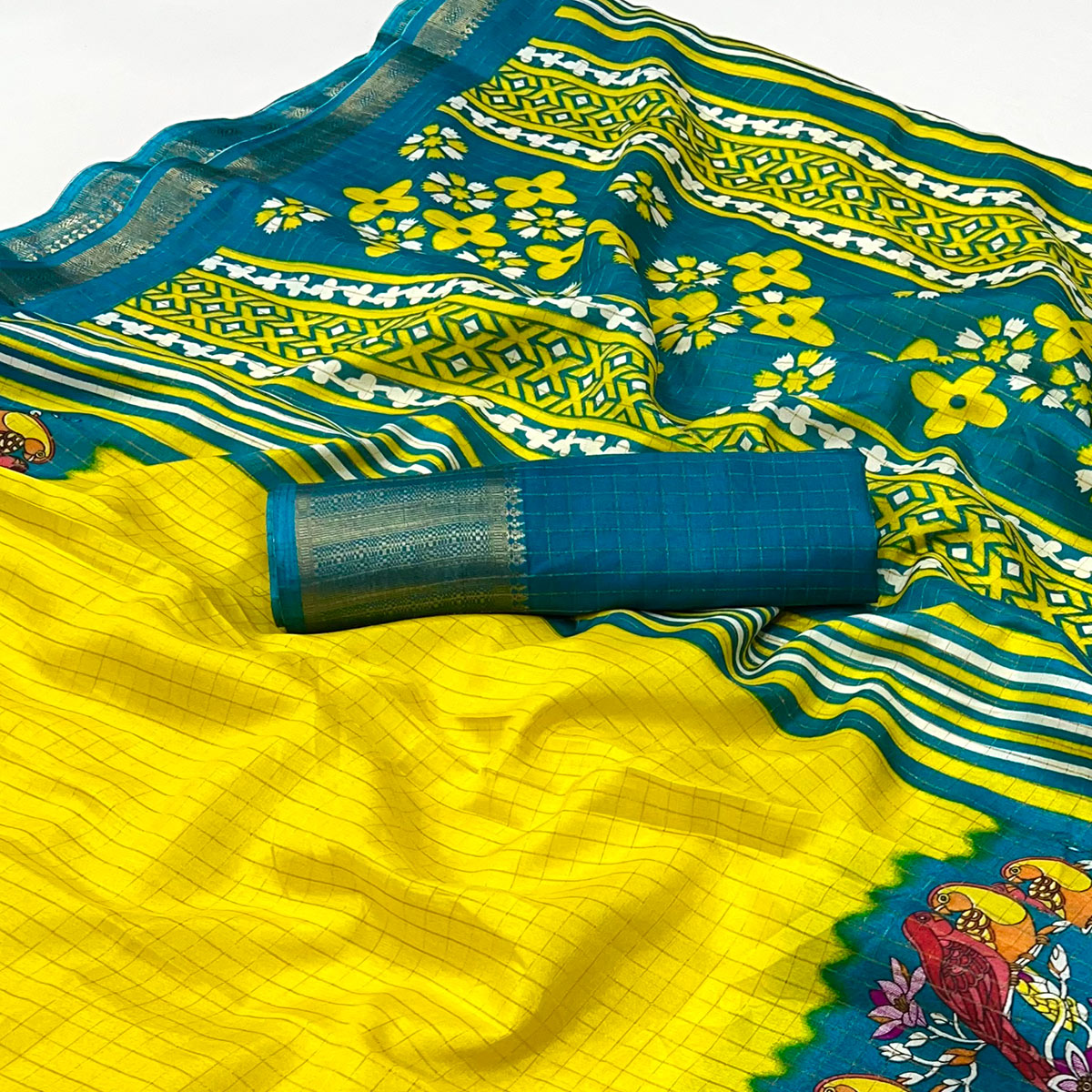 Lemon Yellow Zari Woven With Printed Dola Silk Saree