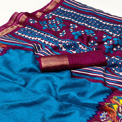 Blue Zari Woven With Printed Dola Silk Saree
