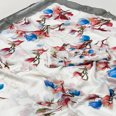 White Floral Digital Printed Georgette Saree