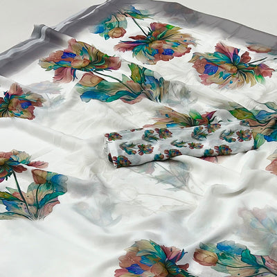 White Floral Digital Printed Georgette Saree