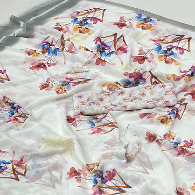 White Floral Digital Printed Georgette Saree