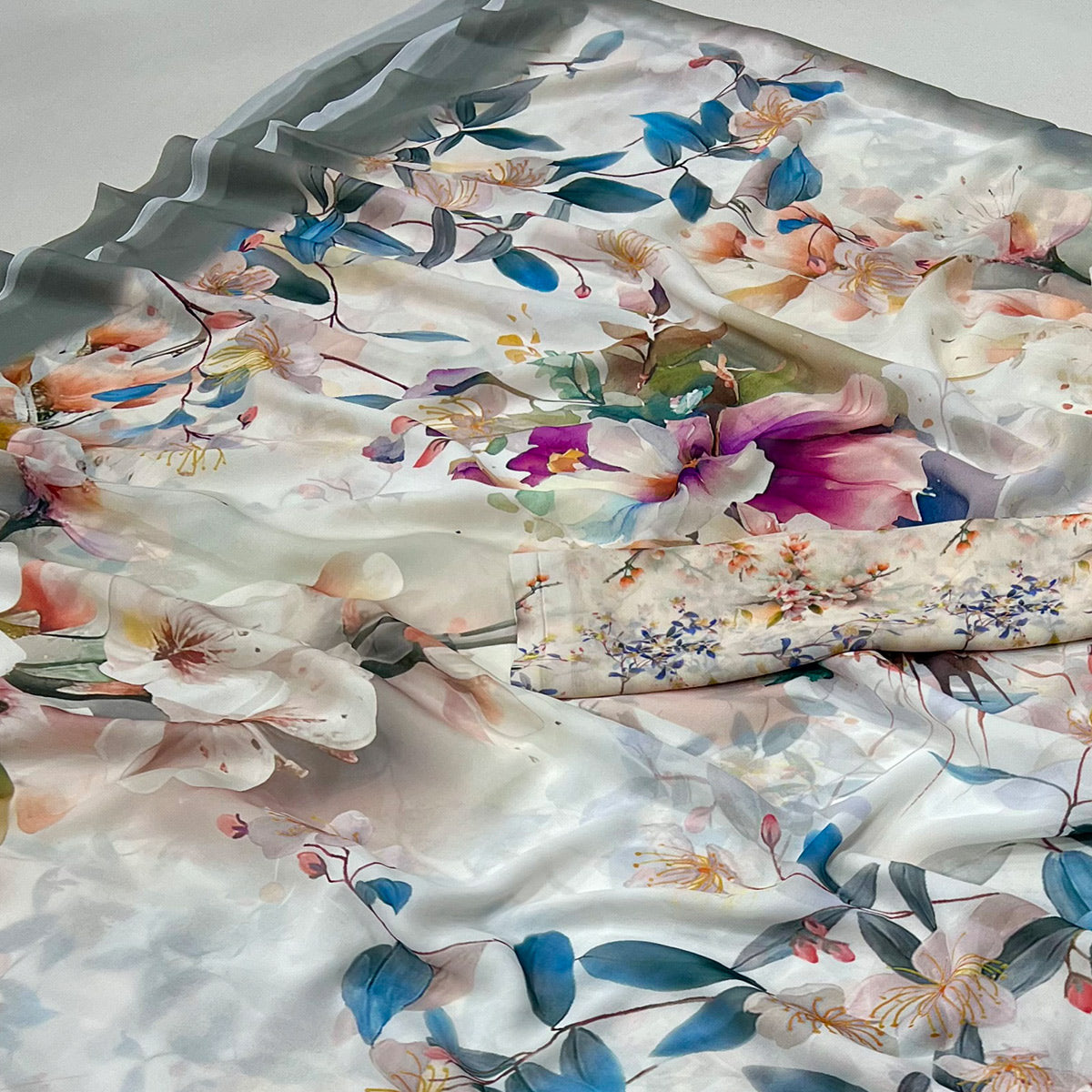 White Floral Digital Printed Georgette Saree