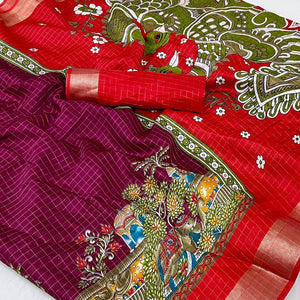 Dark Magneta Checks Zari Woven With Floral Printed Dola Silk Saree