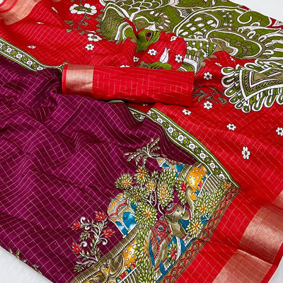 Dark Magneta Checks Zari Woven With Floral Printed Dola Silk Saree