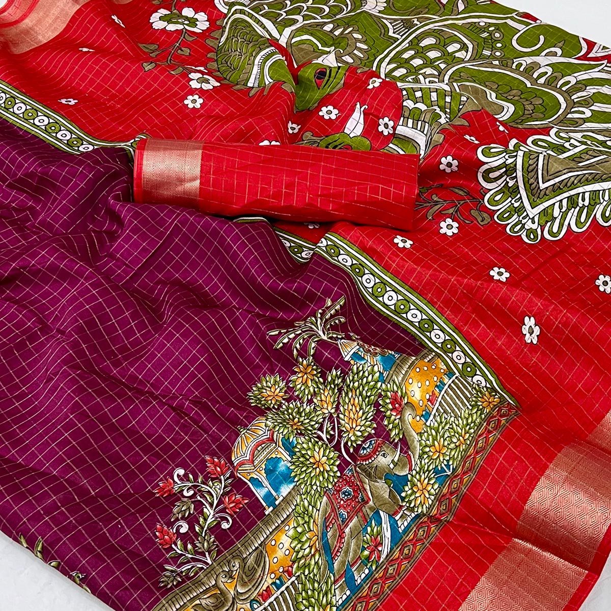 Dark Magneta Checks Zari Woven With Floral Printed Dola Silk Saree