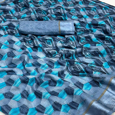 grey-blue-geometric-printed-cotton-blend-saree