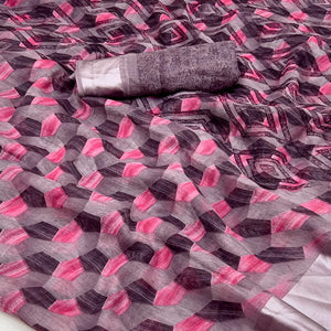 Brown & Pink Geometric Printed Cotton Blend Saree