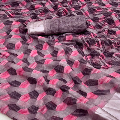 Brown & Pink Geometric Printed Cotton Blend Saree