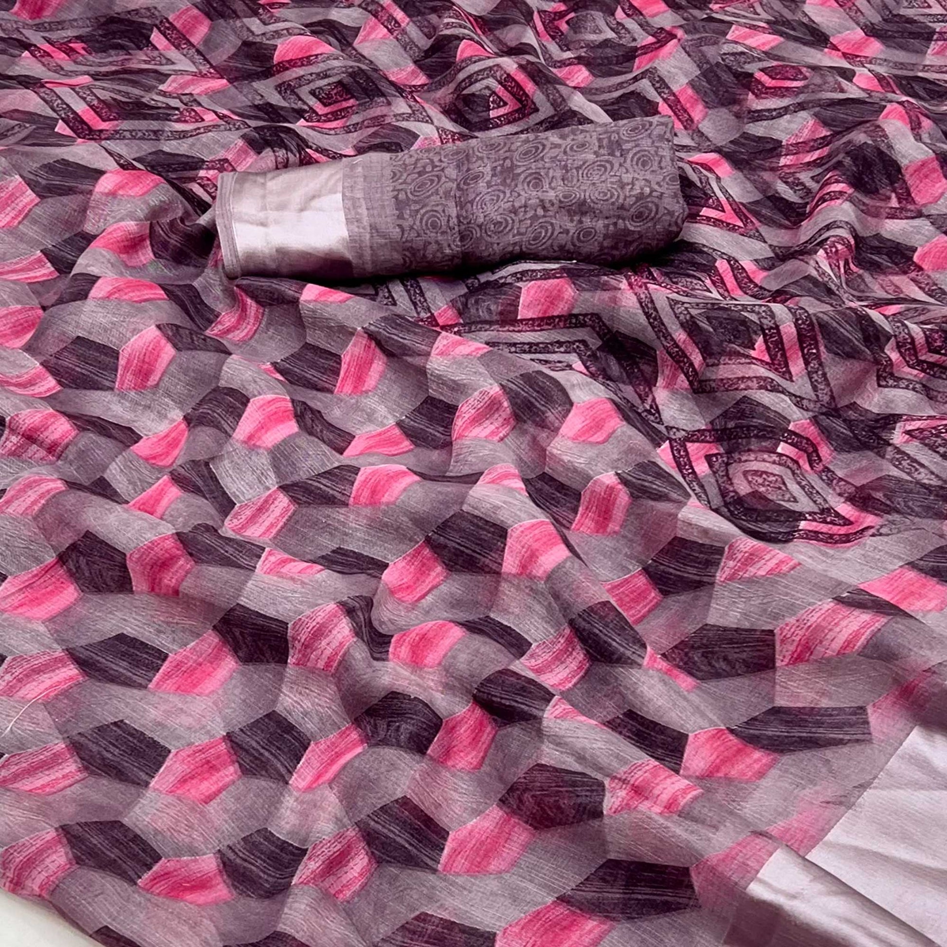 Brown & Pink Geometric Printed Cotton Blend Saree