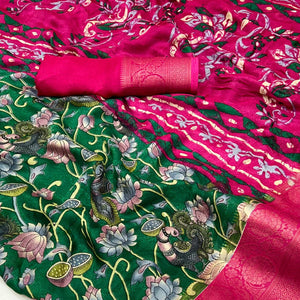 green-kalamkari-printed-georgette-saree-with-jacquard-border