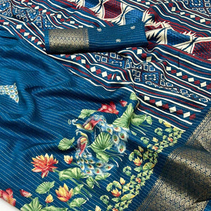 Dark Teal Floral Printed Dola Silk Saree With Jacquard Border