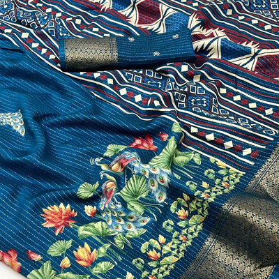 Dark Teal Floral Printed Dola Silk Saree With Jacquard Border