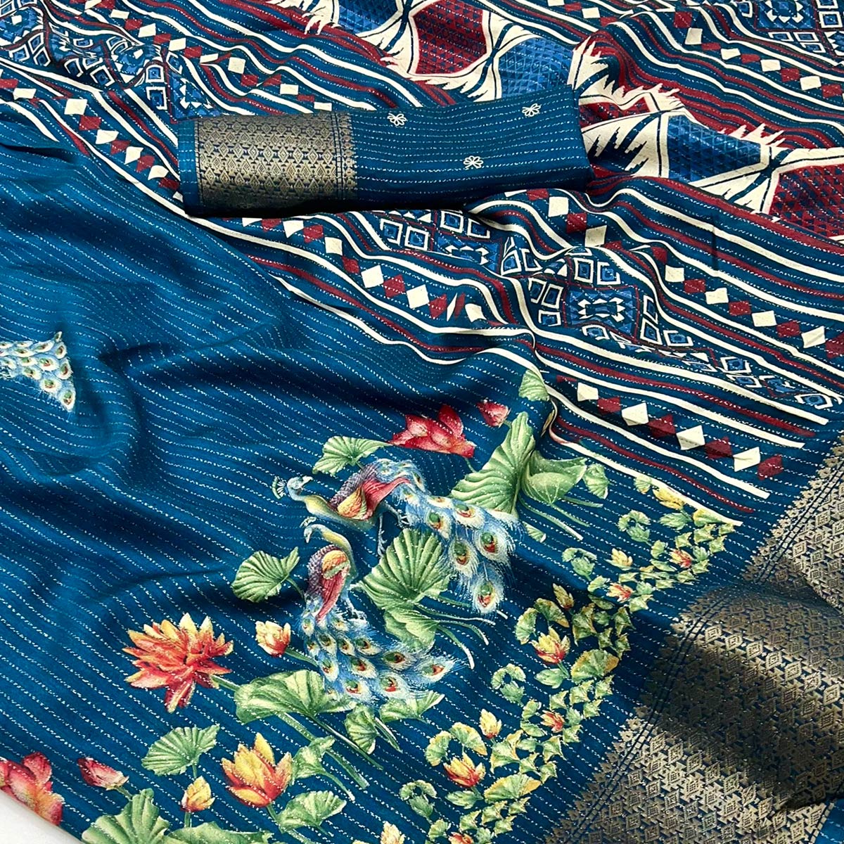 Dark Teal Floral Printed Dola Silk Saree With Jacquard Border