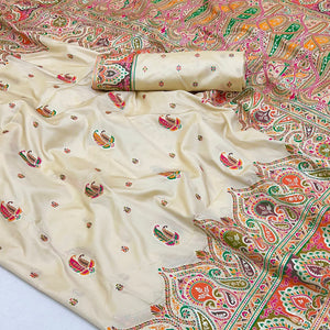 Cream Floral Woven Pure Silk Pashmina Saree