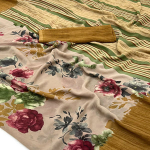 Light Brown & Mustard Floral Printed Georgette Saree