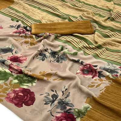 Light Brown & Mustard Floral Printed Georgette Saree