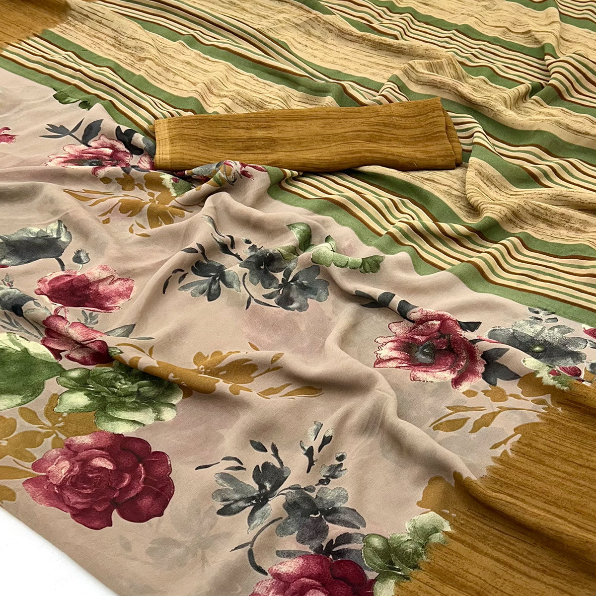 Light Brown & Mustard Floral Printed Georgette Saree