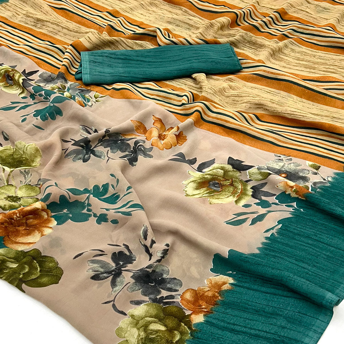 Light Brown & Teal Floral Printed Georgette Saree