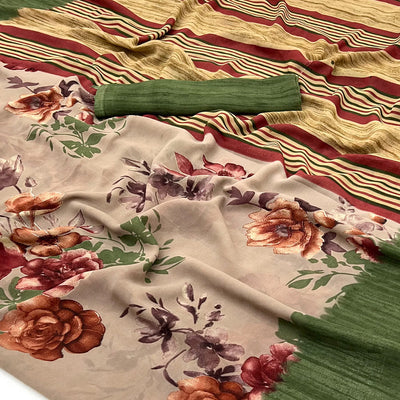 Light Brown & Green Floral Printed Georgette Saree