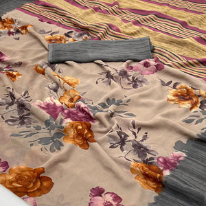 Light Brown & Grey Floral Printed Georgette Saree