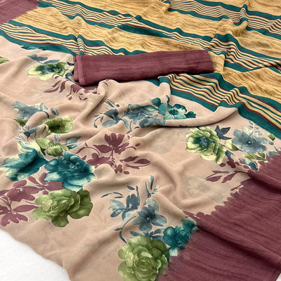 Light Brown & Mauve Floral Printed Georgette Saree