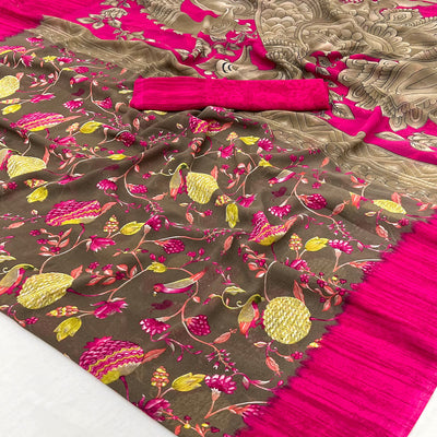 Brown Floral Printed Georgette Saree