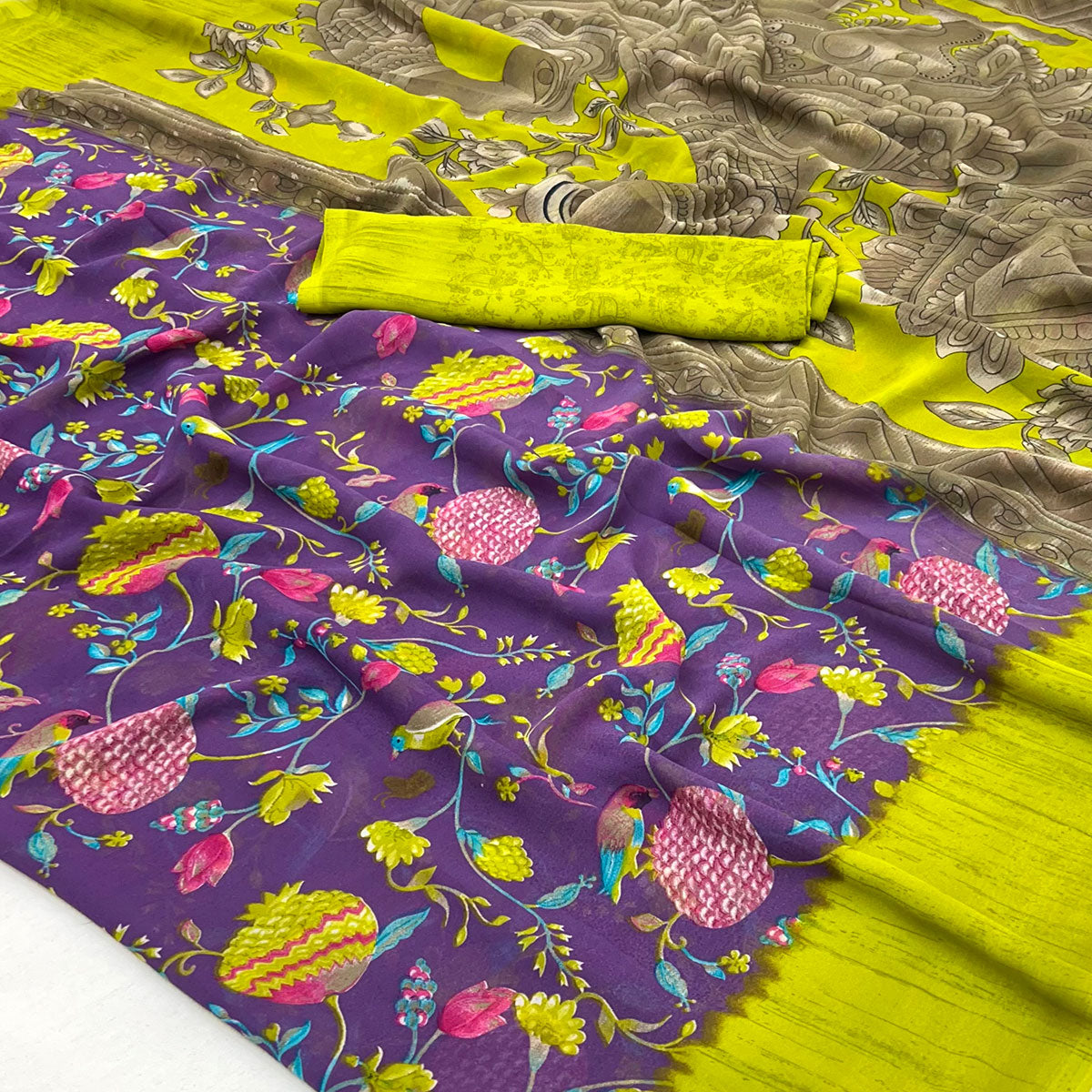 Light Purple Floral Printed Georgette Saree