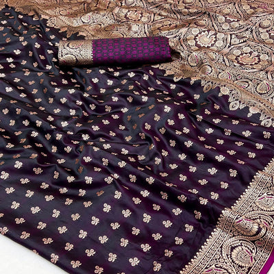 Dark Wine Floral Woven Satin Silk Saree With Zari Border