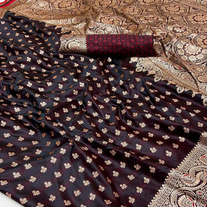 Brown Floral Woven Satin Silk Saree With Zari Border