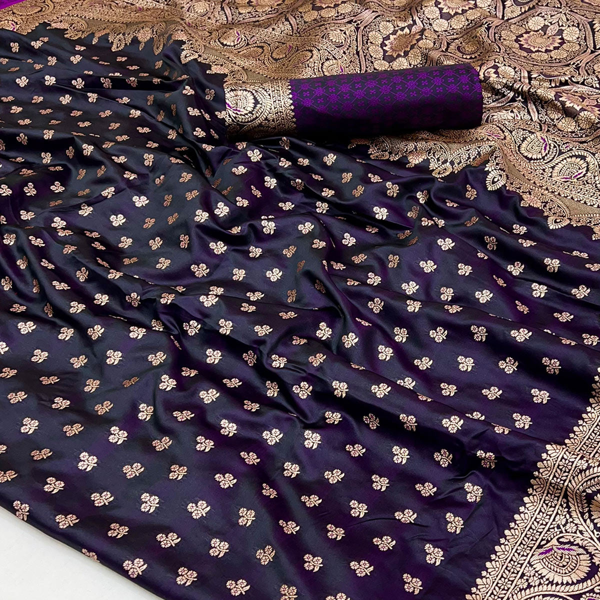 Dark Purple Floral Woven Satin Silk Saree With Zari Border