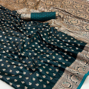 Morpich Green Floral Woven Satin Silk Saree With Zari Border