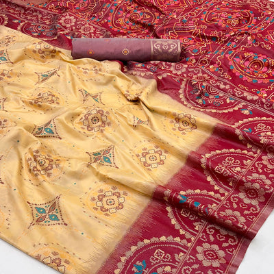 Cream & Maroon Floral Woven Pure Silk Saree