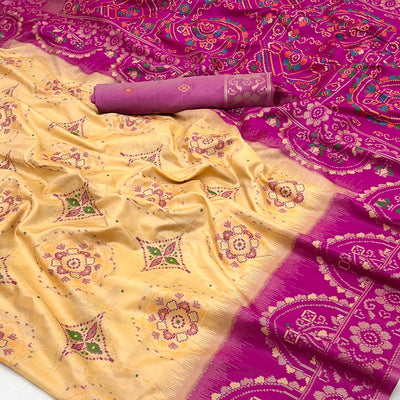Cream & Pink Floral Woven Pure Silk Saree