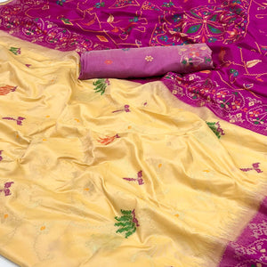Light Yellow & Pink Floral Woven Pure Silk Saree
