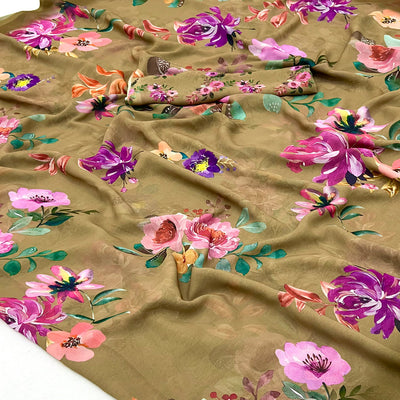 Khaki Brown Floral Digital Printed Georgette Saree
