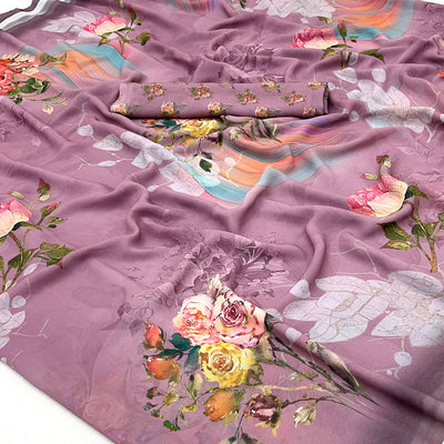 Mauve Floral Digital Printed Georgette Saree