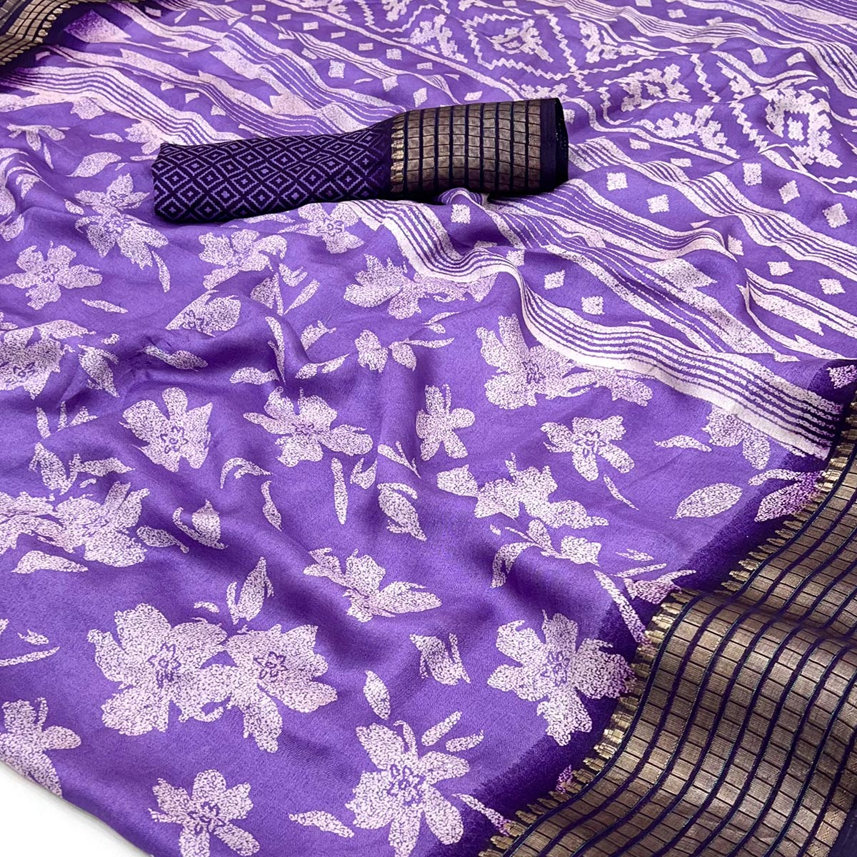 Lavender Floral Printed Georgette Saree With Woven Border