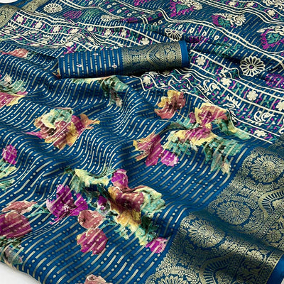 Morpich Blue Floral Woven With Printed Georgette Saree