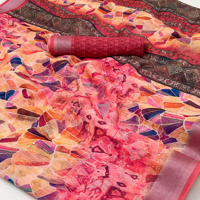 Gajari Pink Digital Printed Linen Saree With Woven Border