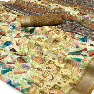 Dark Mustard Digital Printed Linen Saree With Woven Border