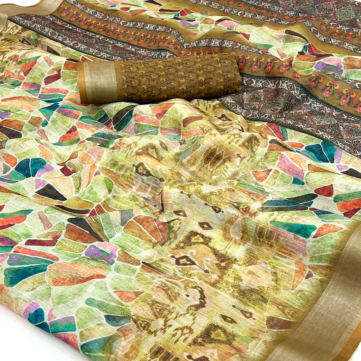 Dark Mustard Digital Printed Linen Saree With Woven Border