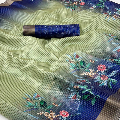 green-blue-striped-floral-printed-cotton-silk-saree-with-woven-border