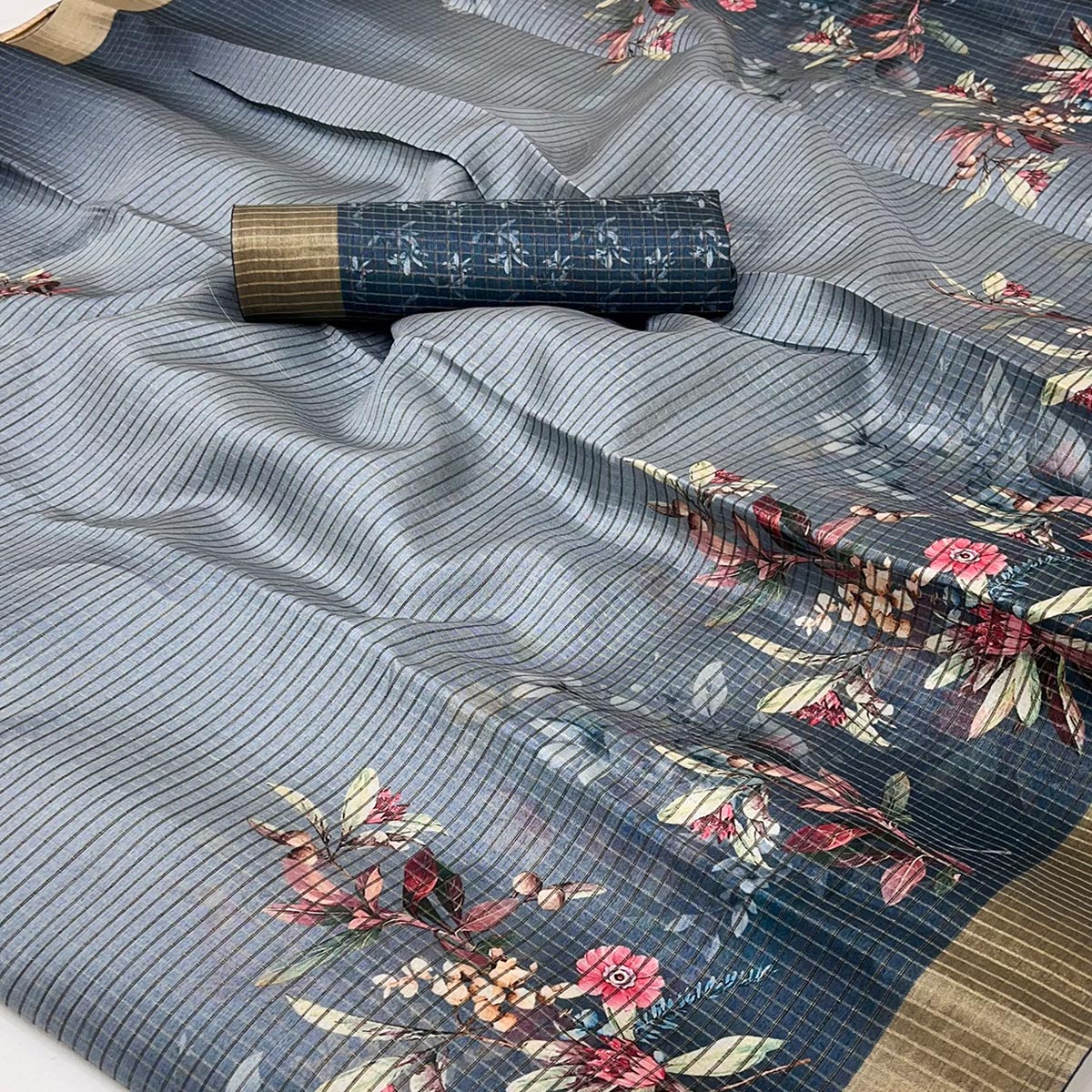 Grey Striped & Floral Printed Cotton Silk Saree With Woven Border
