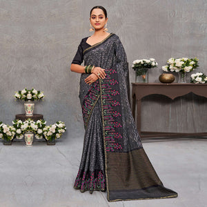 Grey Printed With Embroidered Cotton Silk Saree