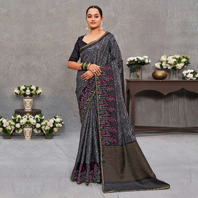 Grey Printed With Embroidered Cotton Silk Saree