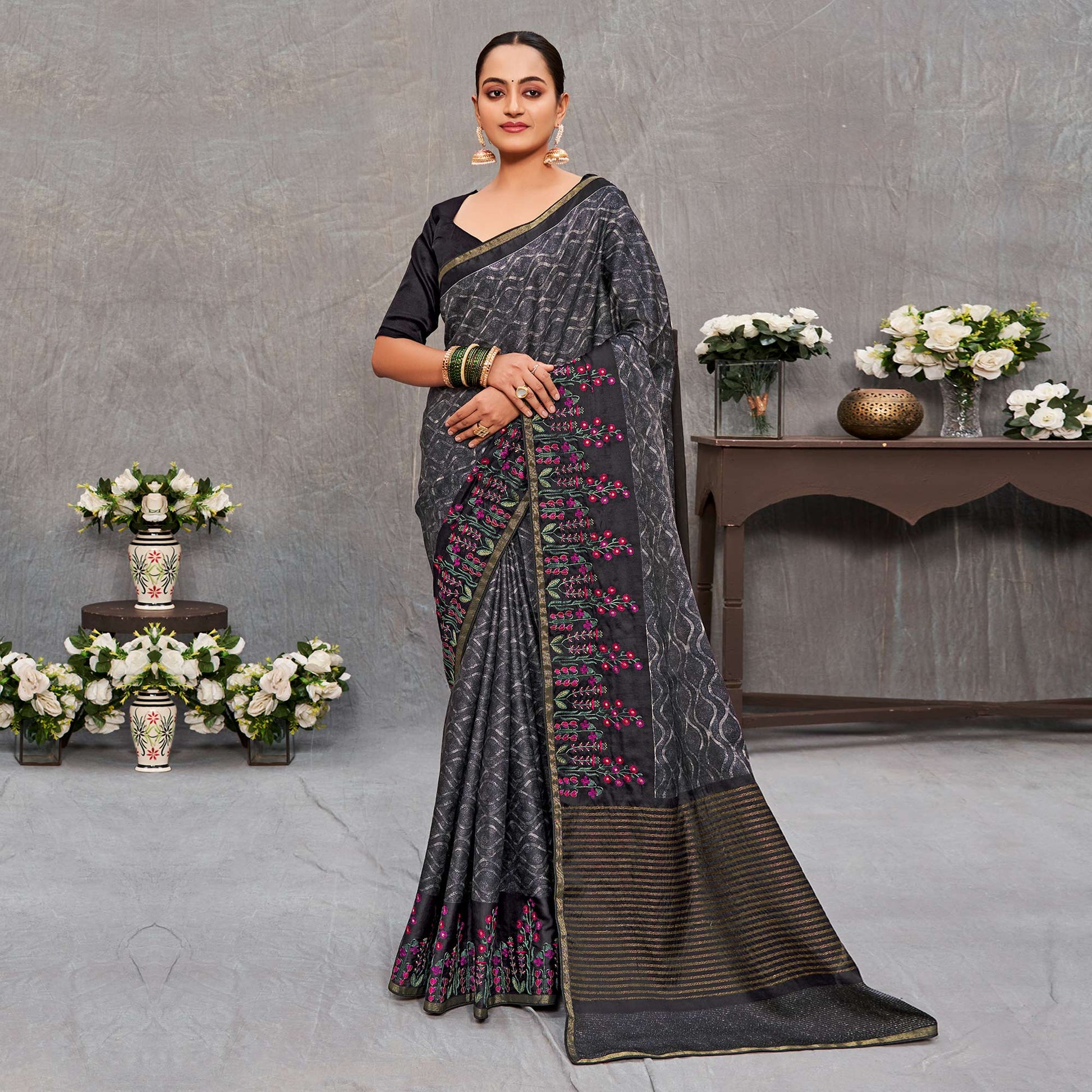 Grey Printed With Embroidered Cotton Silk Saree
